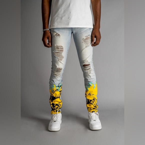 GFTD(BLUE PILE SKULL DENIM JEANS - Picture 3 of 3